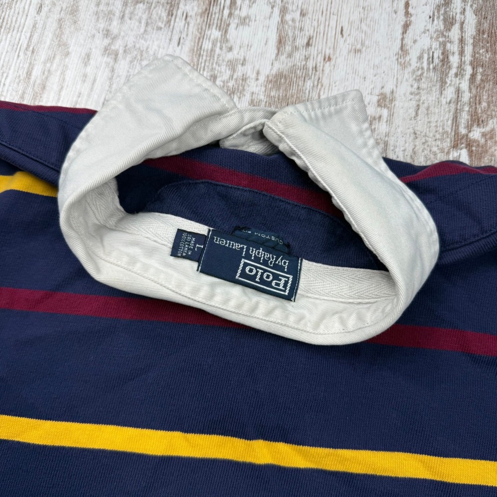 VTG Polo Ralph Lauren Rugby Shirt Mens Large Custom Fit Navy Striped Lion Crest - Picture 5 of 9